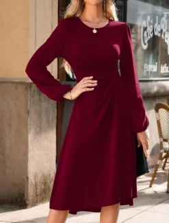 Hot Women's Mini Dress A Line Dress Semi Formal Office Regular Fit Plaid Plain Long Sleeve Crew Neck Black Wine Red Summer Fall Women Work Dresses