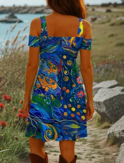 Women's Mini Dress A Line Dress Summer Dress Vacation Casual Daily Holiday Regular Fit Graphic Abstract Short Sleeve V Neck Red Blue Green Summer Women Casual Dress|Sundresses