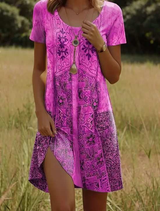 Clearance Women's Mini Dress A Line DressT Shirt Dress Tee Dress Casual Daily Regular Fit Graphic Paisley Short Sleeve Crewneck Pink Orange Green Summer Spring Women T Shirt Dresses|Vacation Dresses