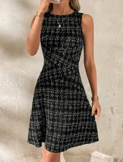 Online Women's Mini Dress A Line Dress Work Dresses Off The Shoulder Dress Vacation Office Regular Fit Plaid Sleeveless Crew Neck Black White Wine Navy Blue Summer Women Work Dresses