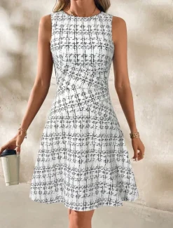 Online Women's Mini Dress A Line Dress Work Dresses Off The Shoulder Dress Vacation Office Regular Fit Plaid Sleeveless Crew Neck Black White Wine Navy Blue Summer Women Work Dresses