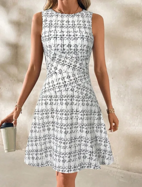 Online Women's Mini Dress A Line Dress Work Dresses Off The Shoulder Dress Vacation Office Regular Fit Plaid Sleeveless Crew Neck Black White Wine Navy Blue Summer Women Work Dresses