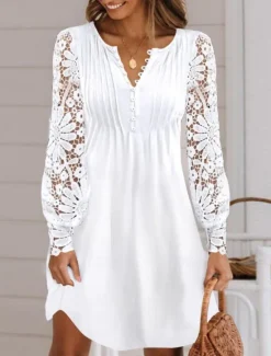 Best Women's Mini Dress A Line Dress Summer Dress Casual Daily Regular Fit Plain Long Sleeve V Neck Black White Wine Summer Women White Dresses