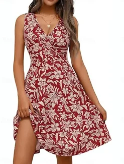 Hot Women's Mini Dress A Line Dress Casual Outdoor Going out Beach Standard Fit Floral Graphic Sleeveless V Neck Red Sky Blue Purple Green Summer Spring Women Vacation Dresses