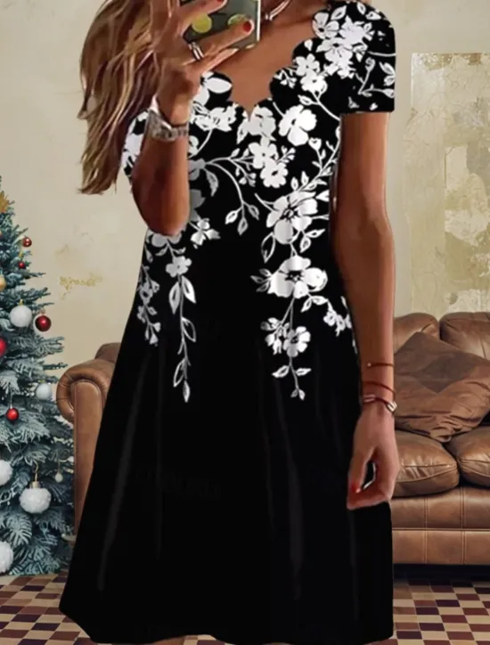 Online Women's Mini Dress A Line Dress Semi Formal Wedding Guest Cocktail Party Going out Regular Fit Floral Graphic Short Sleeve Black White Pink Women Casual Dress|Cocktail Dress
