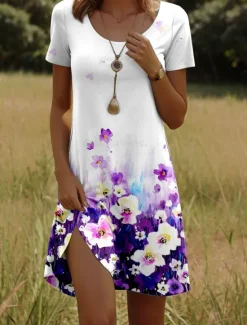 Sale Women's Mini Dress A Line Dress Elegant Vintage Stylish Daily Regular Fit Floral Graphic Short Sleeve V Neck White Red Blue Emerald Green Summer Spring Women T Shirt Dresses