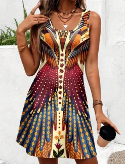 Sale Women's Mini Dress A Line Dress Summer Dress Off The Shoulder Dress Bohemia Vacation Vintage Daily Loose Fit Floral Graphic Tropical Sleeveless U Neck Maroon Pink Blue Summer Spring Women T Shirt Dresses