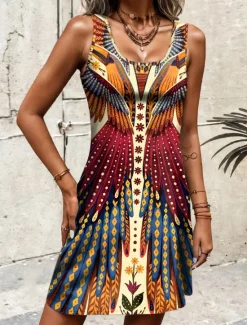 Sale Women's Mini Dress A Line Dress Summer Dress Off The Shoulder Dress Bohemia Vacation Vintage Daily Loose Fit Floral Graphic Tropical Sleeveless U Neck Maroon Pink Blue Summer Spring Women T Shirt Dresses