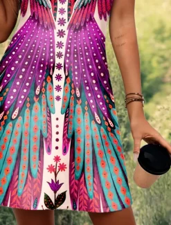 Sale Women's Mini Dress A Line Dress Summer Dress Off The Shoulder Dress Bohemia Vacation Vintage Daily Loose Fit Floral Graphic Tropical Sleeveless U Neck Maroon Pink Blue Summer Spring Women T Shirt Dresses