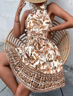 Clearance Women's Mini Dress A Line Dress Halter Dress Vacation Casual Boho Outdoor Going out Beach Regular Fit Floral Graphic Sleeveless Halter Neck Yellow Red Blue Green Summer Women Vacation Dresses