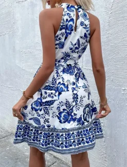Clearance Women's Mini Dress A Line Dress Halter Dress Vacation Casual Boho Outdoor Going out Beach Regular Fit Floral Graphic Sleeveless Halter Neck Yellow Red Blue Green Summer Women Vacation Dresses