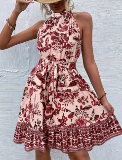 Clearance Women's Mini Dress A Line Dress Halter Dress Vacation Casual Boho Outdoor Going out Beach Regular Fit Floral Graphic Sleeveless Halter Neck Yellow Red Blue Green Summer Women Vacation Dresses