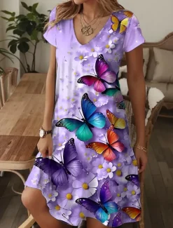 Hot Women's Mini Dress A Line DressT Shirt Dress Tee Dress Casual Vacation Daily Regular Fit Graphic Paisley Short Sleeve V Neck Blue Beige Summer Spring Women T Shirt Dresses