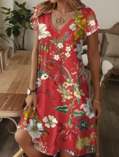 Hot Women's Mini Dress A Line DressT Shirt Dress Tee Dress Casual Vacation Daily Regular Fit Graphic Paisley Short Sleeve V Neck Blue Beige Summer Spring Women T Shirt Dresses