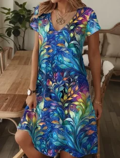 Hot Women's Mini Dress A Line DressT Shirt Dress Tee Dress Casual Vacation Daily Regular Fit Graphic Paisley Short Sleeve V Neck Blue Beige Summer Spring Women T Shirt Dresses