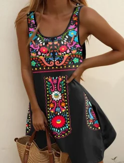 Online Women's Mini Dress A Line Dress Summer Dress Off The Shoulder Dress Vacation Casual Daily Regular Fit Floral Graphic Tribal Sleeveless U Neck Red Blue Green Summer Women Sundresses|T Shirt Dresses