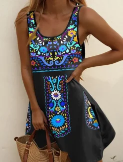 Online Women's Mini Dress A Line Dress Summer Dress Off The Shoulder Dress Vacation Casual Daily Regular Fit Floral Graphic Tribal Sleeveless U Neck Red Blue Green Summer Women Sundresses|T Shirt Dresses