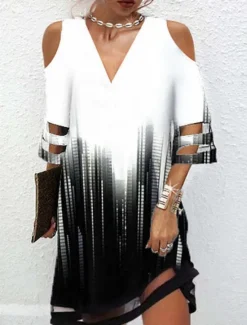 Hot Women's Mini Dress A Line Dress Off The Shoulder Dress Casual Outdoor Beach Regular Fit Ombre Floral Graphic Half Sleeve V Neck Black White Blue Purple Summer Spring Women Vacation Dresses