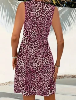 Hot Women's Mini Dress A Line Dress Slip Dress Off The Shoulder Dress Casual Outdoor Going out Standard Fit Leopard Sleeveless V Neck Black Wine Blue Purple Summer Women Vacation Dresses