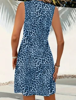Hot Women's Mini Dress A Line Dress Slip Dress Off The Shoulder Dress Casual Outdoor Going out Standard Fit Leopard Sleeveless V Neck Black Wine Blue Purple Summer Women Vacation Dresses
