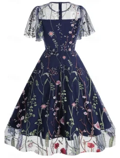 Women's Mini Dress A Line Dress Tulle Dress Elegant Party Cocktail Outdoor Party Wedding Guest Regular Fit Floral Short Sleeve Crew Neck Black White Red Blue Summer Women Cocktail Dress