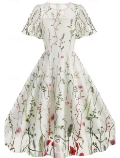 Women's Mini Dress A Line Dress Tulle Dress Elegant Party Cocktail Outdoor Party Wedding Guest Regular Fit Floral Short Sleeve Crew Neck Black White Red Blue Summer Women Cocktail Dress