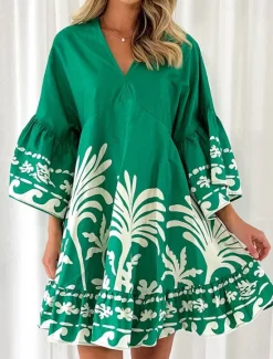 Best Women's Mini Dress A Line Dress Fit And Flare Dress Vacation Party Casual Flare Cuff Sleeve Party Birthday Daily Loose Fit Floral Leaf Tropical 3/4 Length Sleeve V Neck Summer Spring Women Casual Dress