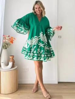 Best Women's Mini Dress A Line Dress Fit And Flare Dress Vacation Party Casual Flare Cuff Sleeve Party Birthday Daily Loose Fit Floral Leaf Tropical 3/4 Length Sleeve V Neck Summer Spring Women Casual Dress