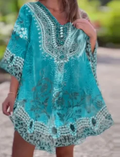 New Women's Mini Dress A Line Dress Casual Boho Daily Holiday Beach Regular Fit Graphic 3/4 Length Sleeve V Neck Red Blue Green Summer Spring Women Casual Dress|Vacation Dresses