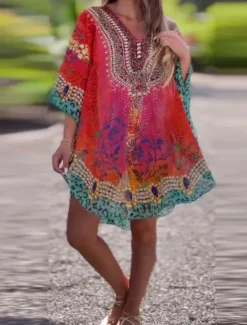 New Women's Mini Dress A Line Dress Casual Boho Daily Holiday Beach Regular Fit Graphic 3/4 Length Sleeve V Neck Red Blue Green Summer Spring Women Casual Dress|Vacation Dresses
