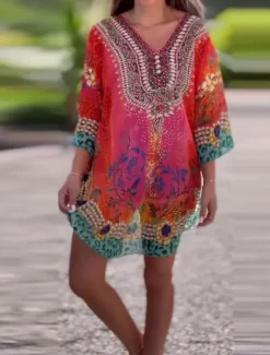 New Women's Mini Dress A Line Dress Casual Boho Daily Holiday Beach Regular Fit Graphic 3/4 Length Sleeve V Neck Red Blue Green Summer Spring Women Casual Dress|Vacation Dresses