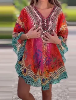 New Women's Mini Dress A Line Dress Casual Boho Daily Holiday Beach Regular Fit Graphic 3/4 Length Sleeve V Neck Red Blue Green Summer Spring Women Casual Dress|Vacation Dresses
