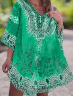 New Women's Mini Dress A Line Dress Casual Boho Daily Holiday Beach Regular Fit Graphic 3/4 Length Sleeve V Neck Red Blue Green Summer Spring Women Casual Dress|Vacation Dresses