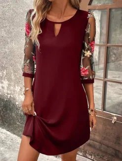 Online Women's Mini Dress A Line Dress Summer Dress Casual Daily Regular Fit Floral Graphic 3/4 Length Sleeve Crew Neck Black Wine Green Dark Blue Summer Women Casual Dress|Vacation Dresses