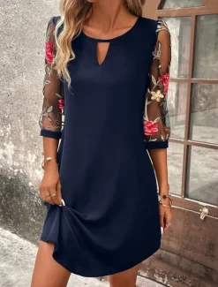 Online Women's Mini Dress A Line Dress Summer Dress Casual Daily Regular Fit Floral Graphic 3/4 Length Sleeve Crew Neck Black Wine Green Dark Blue Summer Women Casual Dress|Vacation Dresses