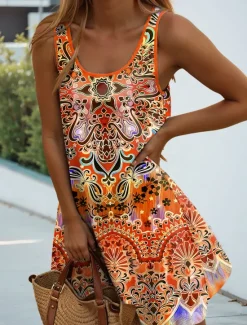 Clearance Women's Mini Dress A Line Dress Summer Dress Off The Shoulder Dress Vacation Casual Daily Loose Fit Graphic Geometric Sleeveless U Neck Purple Orange Green Summer Women Casual Dress|T Shirt Dresses