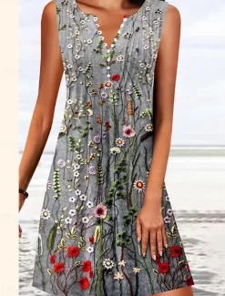 Online Women's Mini Dress A Line DressT Shirt Dress Tee Dress Off The Shoulder Dress Casual Vacation Daily Regular Fit Floral Graphic Sleeveless V Neck Pink Blue Green Gray Summer Women Sundresses