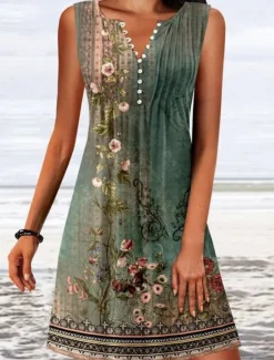 Online Women's Mini Dress A Line DressT Shirt Dress Tee Dress Off The Shoulder Dress Casual Vacation Daily Regular Fit Floral Graphic Sleeveless V Neck Pink Blue Green Gray Summer Women Sundresses