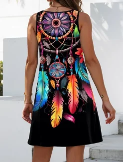 Discount Women's Mini Dress A Line Dress Summer Dress Vacation Casual Daily Loose Fit Graphic Tribal Sleeveless U Neck Summer Women Sundresses|T Shirt Dresses