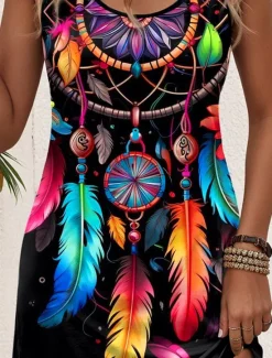 Discount Women's Mini Dress A Line Dress Summer Dress Vacation Casual Daily Loose Fit Graphic Tribal Sleeveless U Neck Summer Women Sundresses|T Shirt Dresses