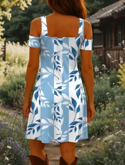 Women's Mini Dress A Line Dress Summer Dress Vacation Casual Daily Holiday Regular Fit Floral Graphic Leaf Short Sleeve V Neck Light Yellow Pink Blue Green Summer Women Sundresses