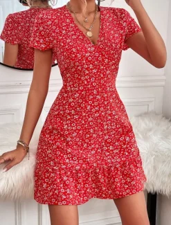 Outlet Women's Mini Dress A Line Dress Casual Outdoor Going out Standard Fit Floral Short Sleeve V Neck Black Red Blue Apricot Summer Women Vacation Dresses