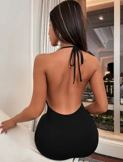 Women's Mini Dress Backless Dress Sexy Slim Fit Solid Color Sleeveless Halter Neck Summer Women Cocktail Dress
