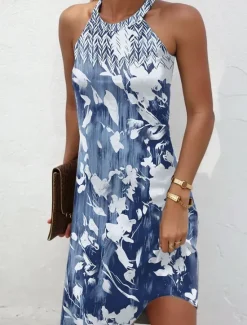 Sale Women's Mini Dress Casual Dress Summer Dress Vacation Casual Daily Regular Fit Floral Graphic Sleeveless Halter Neck Pink Blue Green Summer Women Sundresses