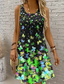 New Women's Mini Dress Casual Dress Sundress A Line Dress Off The Shoulder Dress Vacation Casual Holiday Beach Regular Fit Ombre Graphic Butterfly Sleeveless Crew Neck Scoop Neck Colourful Yellow Red Blue Women Sundresses