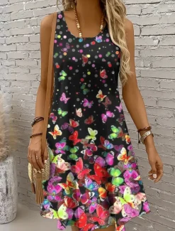 New Women's Mini Dress Casual Dress Sundress A Line Dress Off The Shoulder Dress Vacation Casual Holiday Beach Regular Fit Ombre Graphic Butterfly Sleeveless Crew Neck Scoop Neck Colourful Yellow Red Blue Women Sundresses
