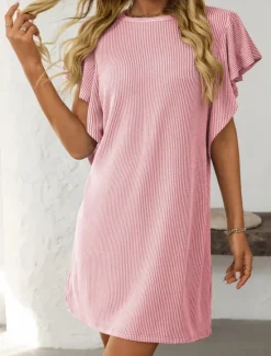 Discount Women's Mini Dress Casual Dress T Shirt Dress Tee Dress Stylish Casual Vacation Daily Regular Fit Stripe Short Sleeve Crew Neck Pink Sky Blue Summer Women T Shirt Dresses