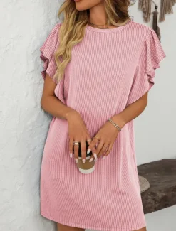 Discount Women's Mini Dress Casual Dress T Shirt Dress Tee Dress Stylish Casual Vacation Daily Regular Fit Stripe Short Sleeve Crew Neck Pink Sky Blue Summer Women T Shirt Dresses