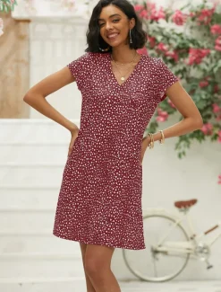 Discount Women's Mini Dress Casual Dress Floral Dress Summer Dress Print Dress Active Fashion Streetwear Outdoor Vacation Daily Regular Fit Floral Ditsy Floral Short Sleeve V Neck Black Wine Summer Spring Women T Shirt Dresses