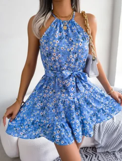 New Women's Mini Dress Casual Dress Swing Dress Summer Dress Streetwear Vacation Holiday Beach Regular Fit Floral Sleeveless Halter Neck Pink Blue Purple Summer Women Spring Dresses